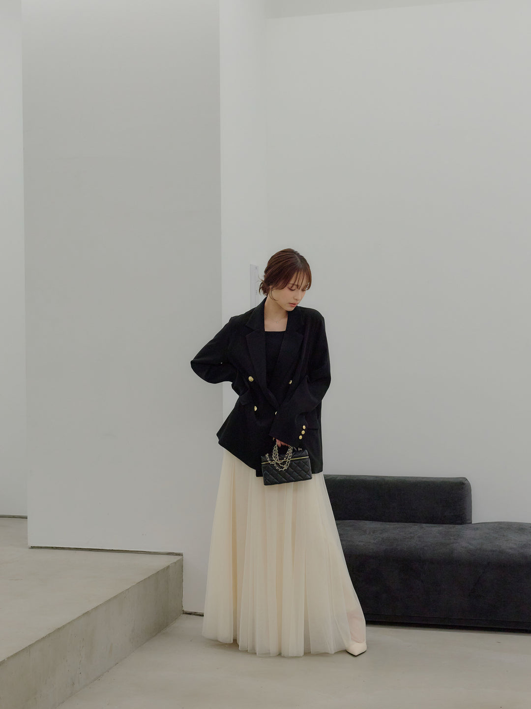 【SET】ゴールドボタンテーラードジャケット+ボリュームチュールスカート(2set)