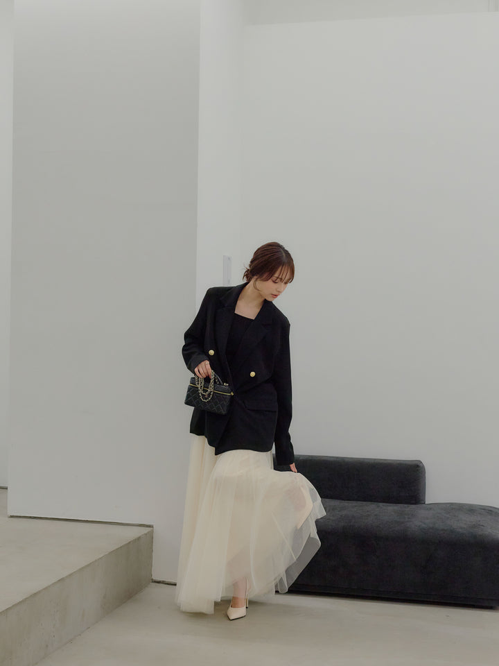 【SET】ゴールドボタンテーラードジャケット+ボリュームチュールスカート(2set)