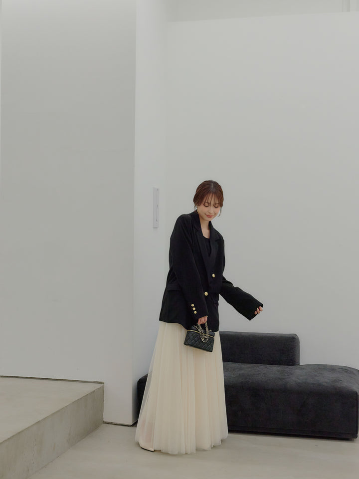 【SET】ゴールドボタンテーラードジャケット+ボリュームチュールスカート(2set)
