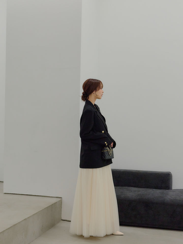 【SET】ゴールドボタンテーラードジャケット+ボリュームチュールスカート(2set)