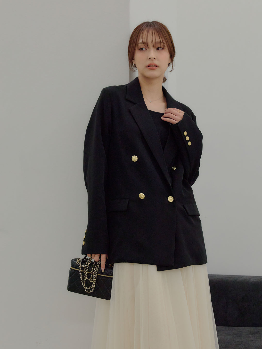 【SET】ゴールドボタンテーラードジャケット+ボリュームチュールスカート(2set)