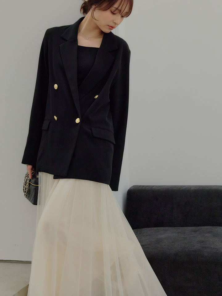 【SET】ゴールドボタンテーラードジャケット+ボリュームチュールスカート(2set)
