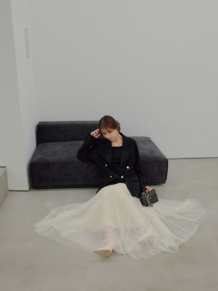 【SET】ゴールドボタンテーラードジャケット+ボリュームチュールスカート(2set)