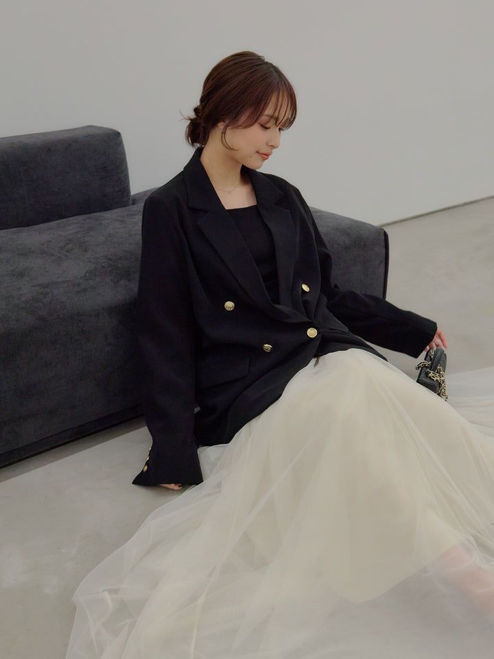 【SET】ゴールドボタンテーラードジャケット+ボリュームチュールスカート(2set)