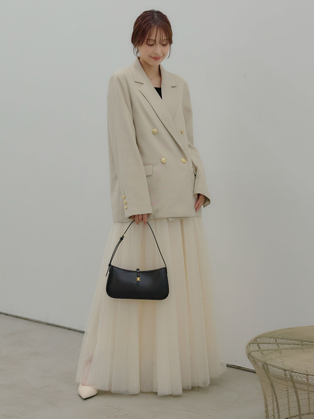 【SET】ゴールドボタンテーラードジャケット+ボリュームチュールスカート(2set)