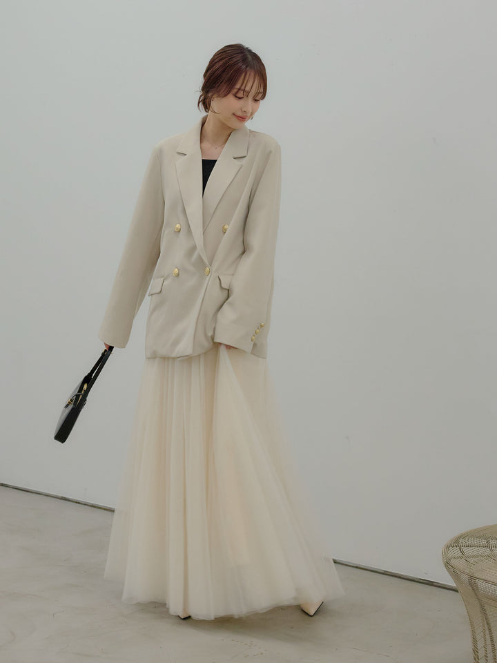 【SET】ゴールドボタンテーラードジャケット+ボリュームチュールスカート(2set)
