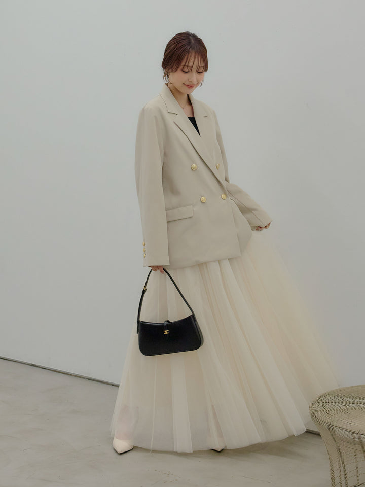 【SET】ゴールドボタンテーラードジャケット+ボリュームチュールスカート(2set)