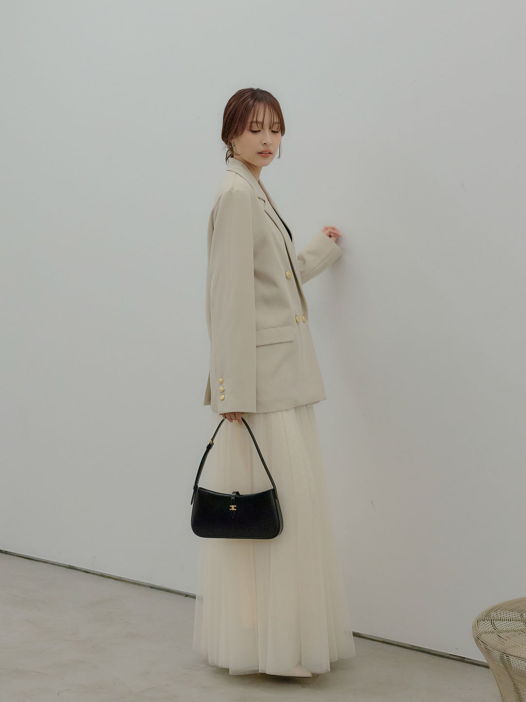 【SET】ゴールドボタンテーラードジャケット+ボリュームチュールスカート(2set)