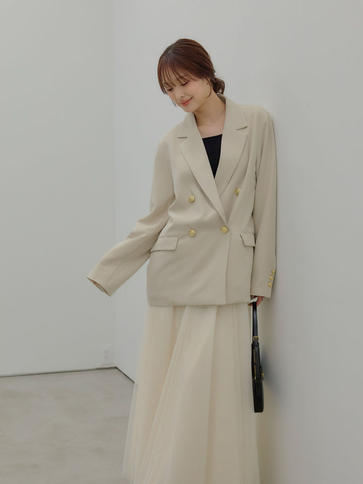 【SET】ゴールドボタンテーラードジャケット+ボリュームチュールスカート(2set)