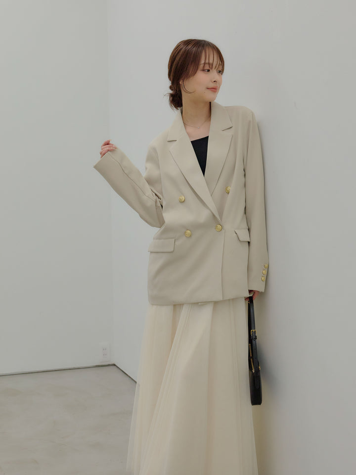 【SET】ゴールドボタンテーラードジャケット+ボリュームチュールスカート(2set)