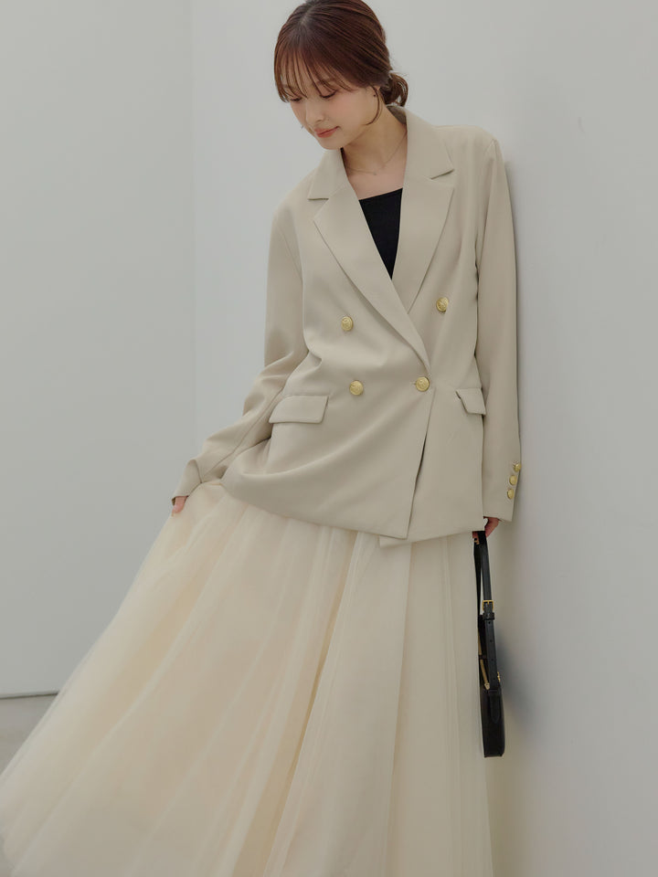 【SET】ゴールドボタンテーラードジャケット+ボリュームチュールスカート(2set)