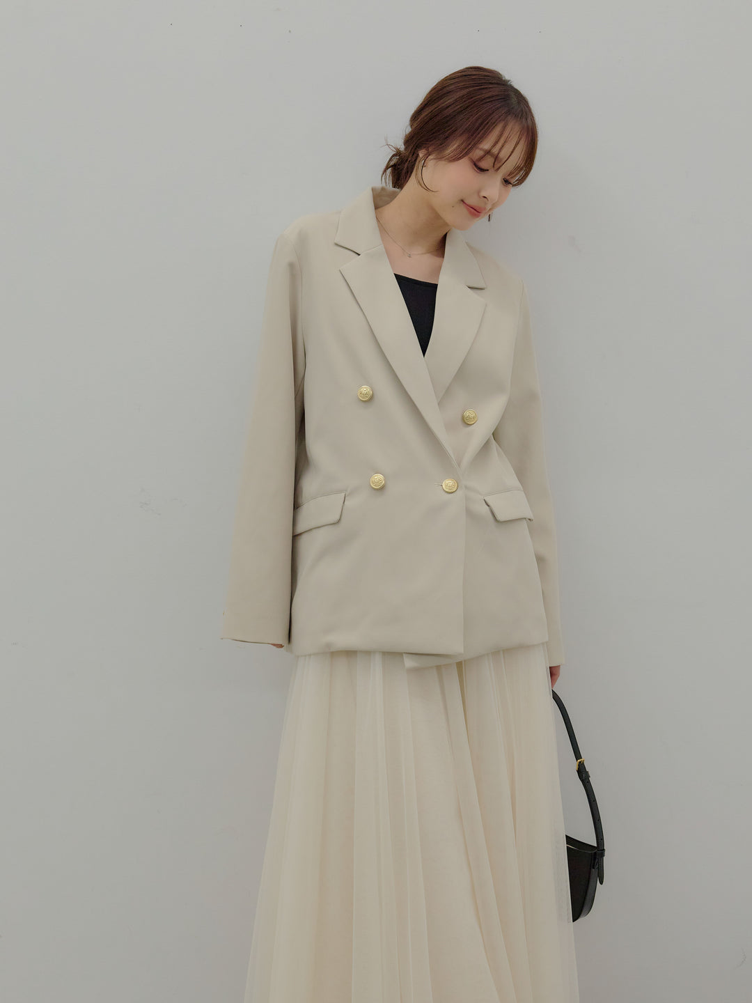 【SET】ゴールドボタンテーラードジャケット+ボリュームチュールスカート(2set)
