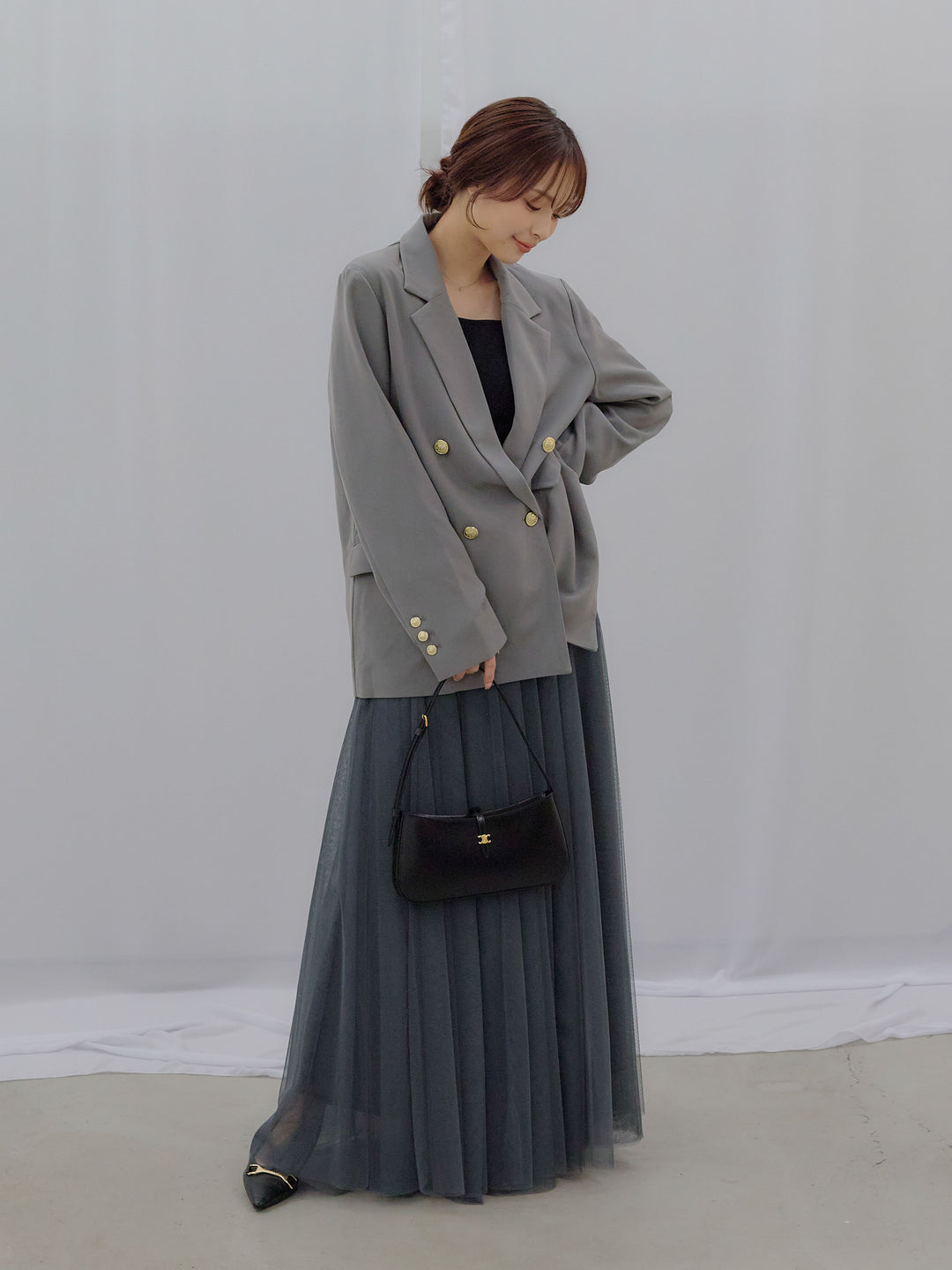 【SET】ゴールドボタンテーラードジャケット+ボリュームチュールスカート(2set)