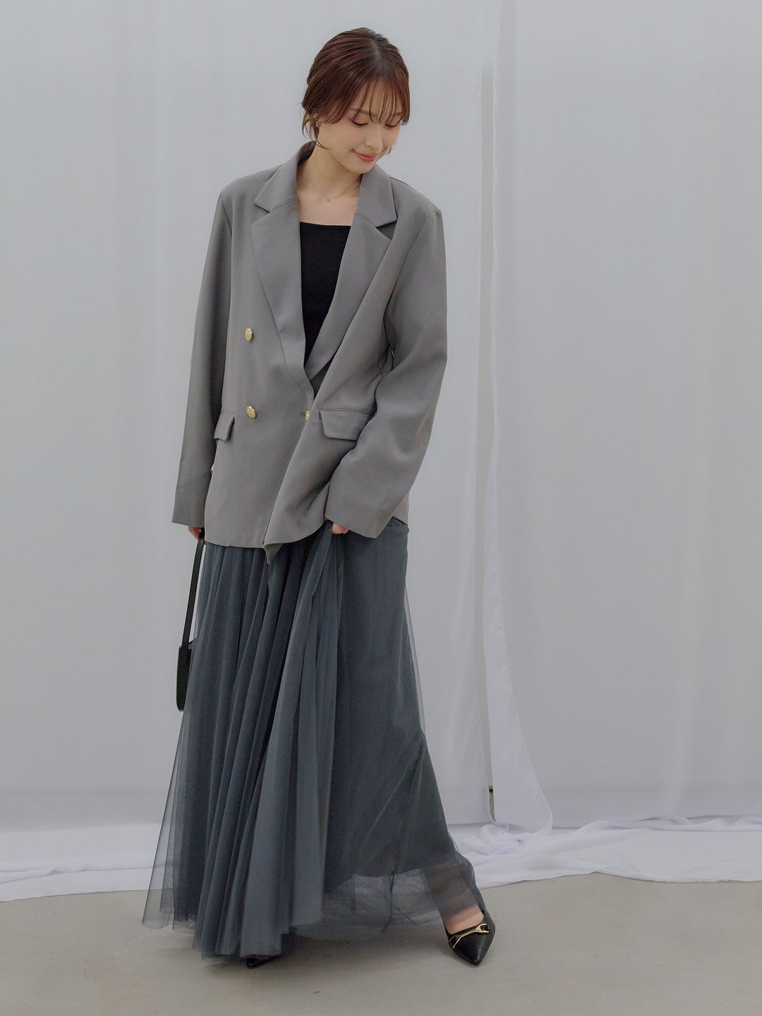 【SET】ゴールドボタンテーラードジャケット+ボリュームチュールスカート(2set)