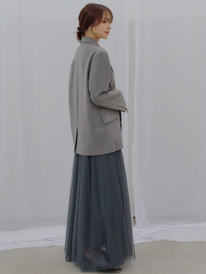 【SET】ゴールドボタンテーラードジャケット+ボリュームチュールスカート(2set)