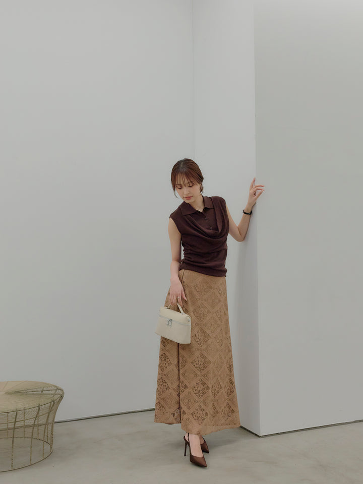 ドレープレイヤードデザイン襟付きノースリーブニットトップス