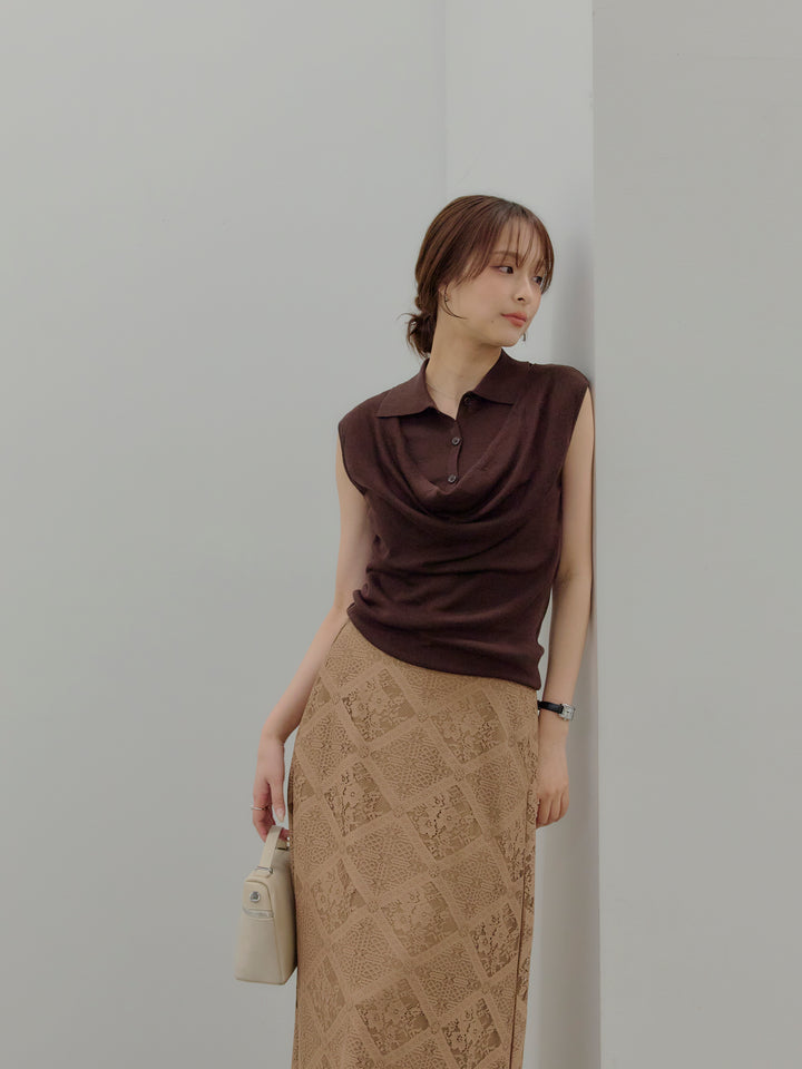 ドレープレイヤードデザイン襟付きノースリーブニットトップス