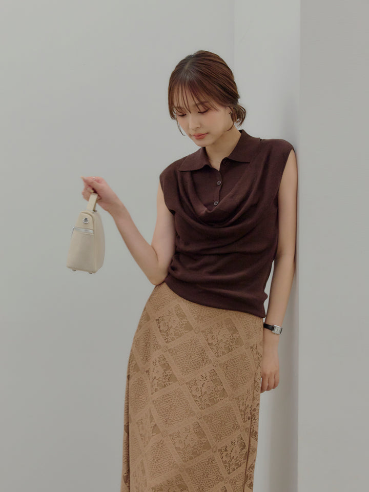 ドレープレイヤードデザイン襟付きノースリーブニットトップス