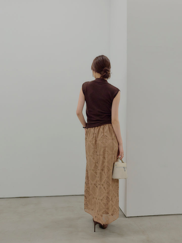 ドレープレイヤードデザイン襟付きノースリーブニットトップス