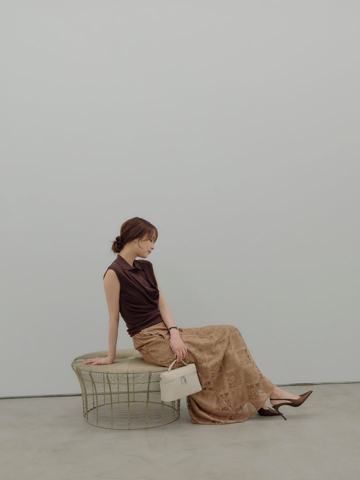 ドレープレイヤードデザイン襟付きノースリーブニットトップス