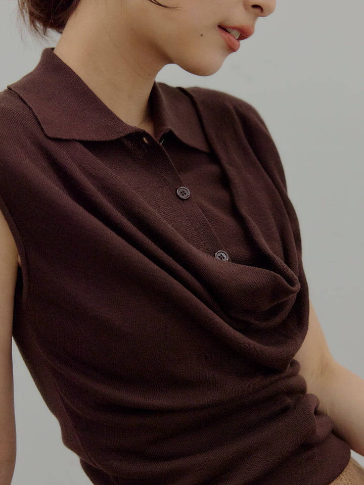 ドレープレイヤードデザイン襟付きノースリーブニットトップス