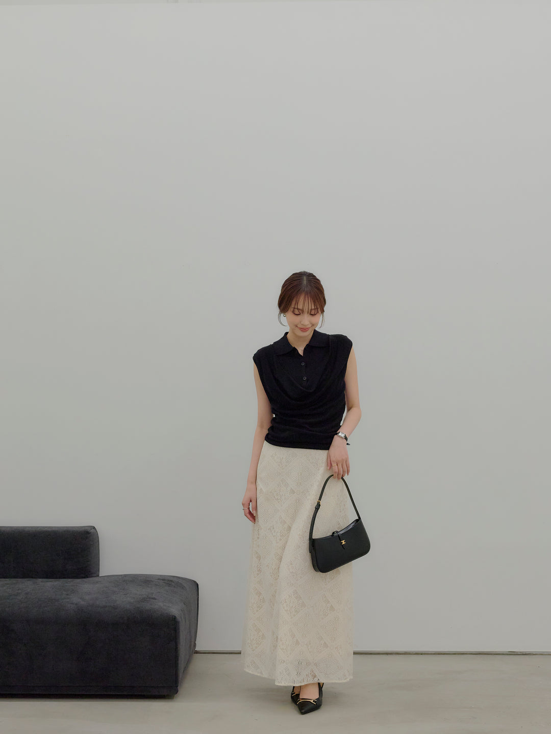 ドレープレイヤードデザイン襟付きノースリーブニットトップス