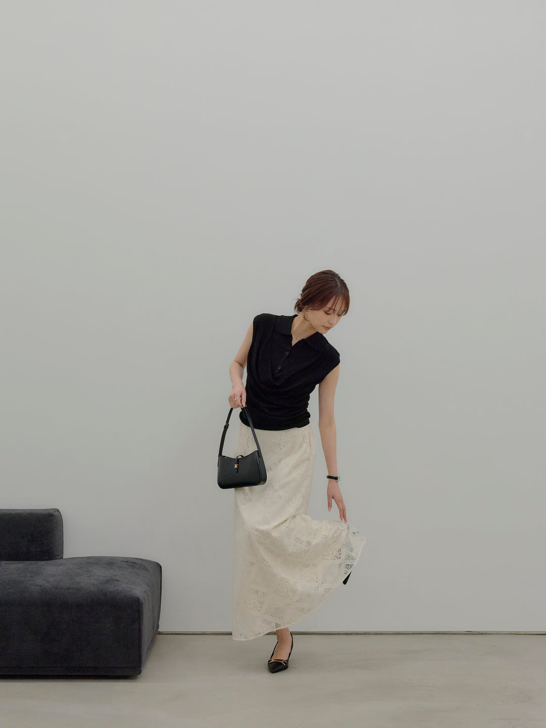 ドレープレイヤードデザイン襟付きノースリーブニットトップス