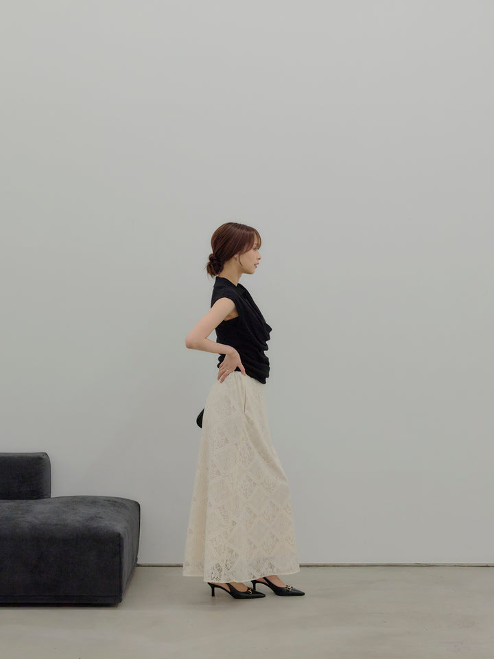 ドレープレイヤードデザイン襟付きノースリーブニットトップス