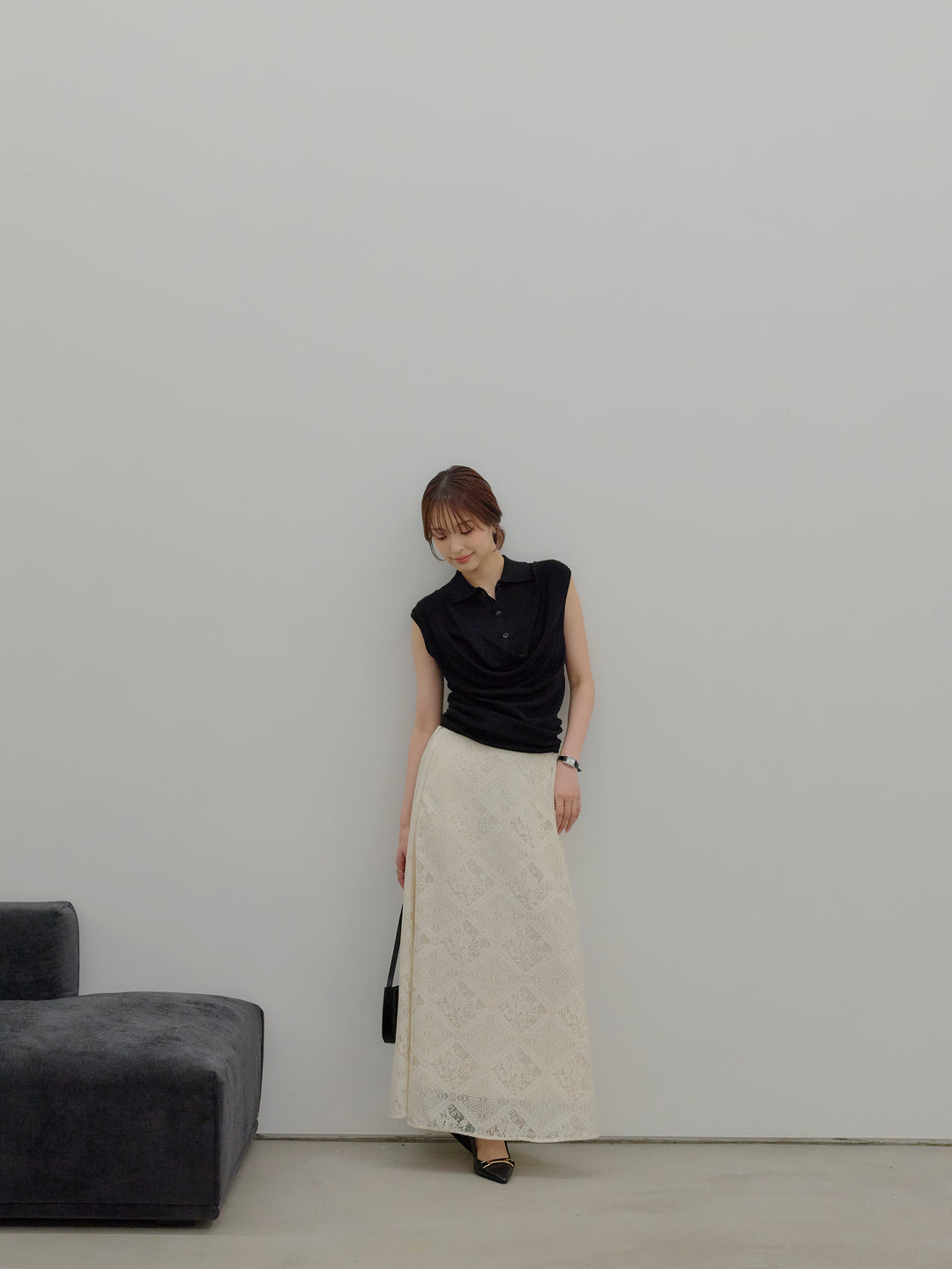 ドレープレイヤードデザイン襟付きノースリーブニットトップス