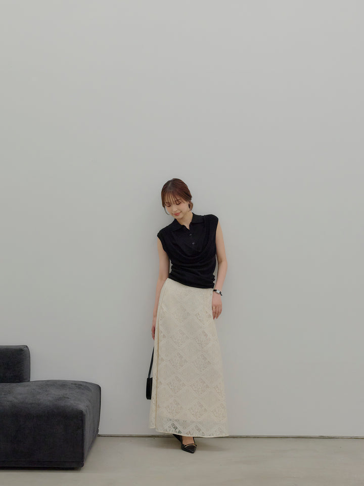 ドレープレイヤードデザイン襟付きノースリーブニットトップス