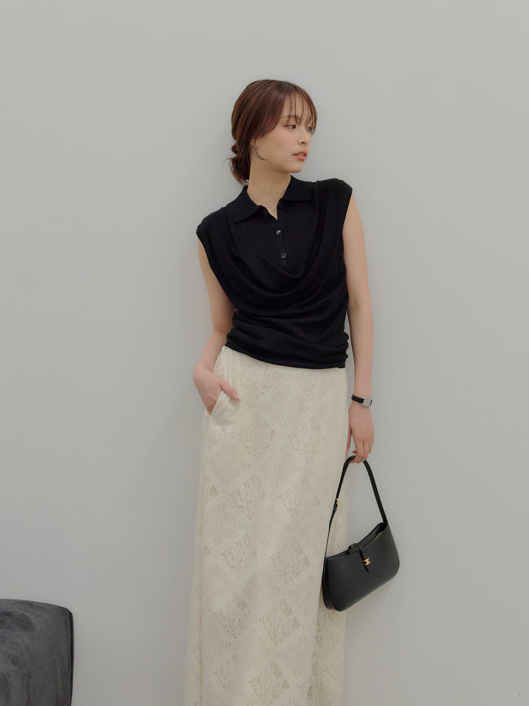 ドレープレイヤードデザイン襟付きノースリーブニットトップス