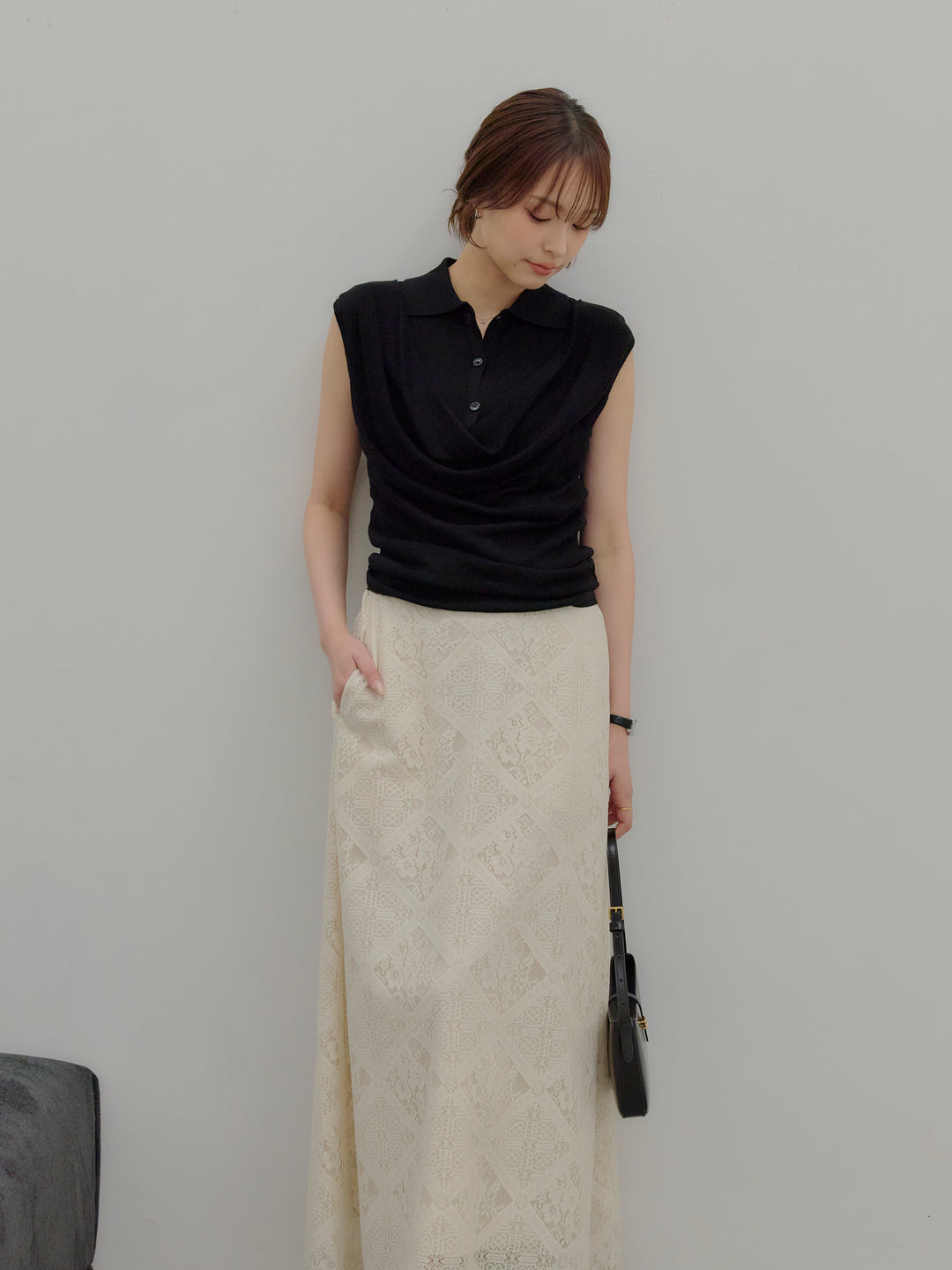 ドレープレイヤードデザイン襟付きノースリーブニットトップス