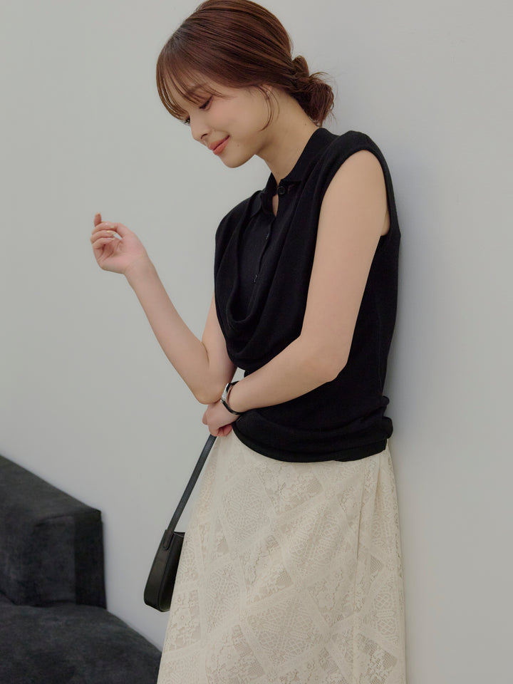 ドレープレイヤードデザイン襟付きノースリーブニットトップス