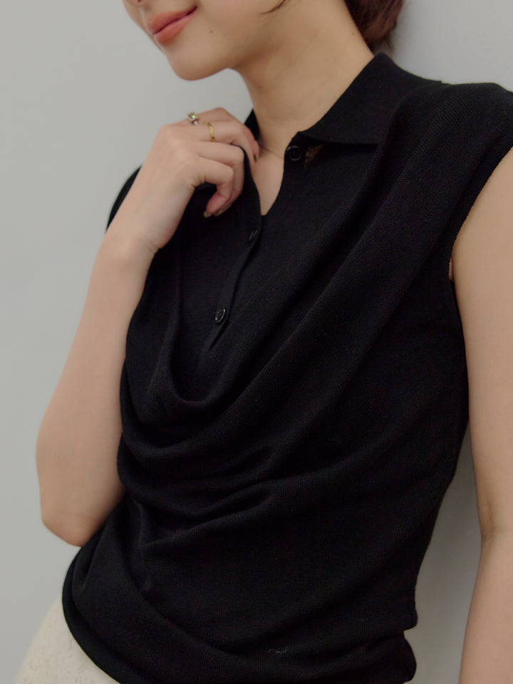 ドレープレイヤードデザイン襟付きノースリーブニットトップス