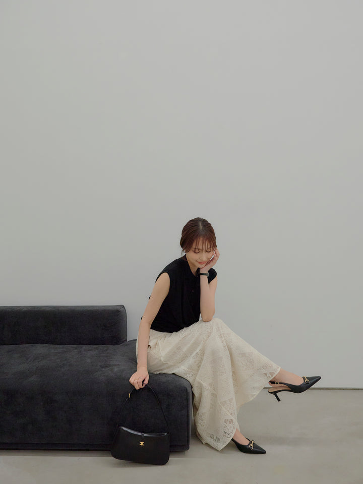 ドレープレイヤードデザイン襟付きノースリーブニットトップス