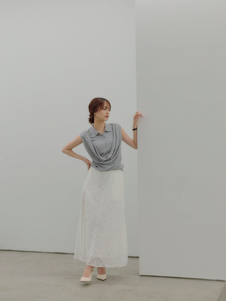 ドレープレイヤードデザイン襟付きノースリーブニットトップス