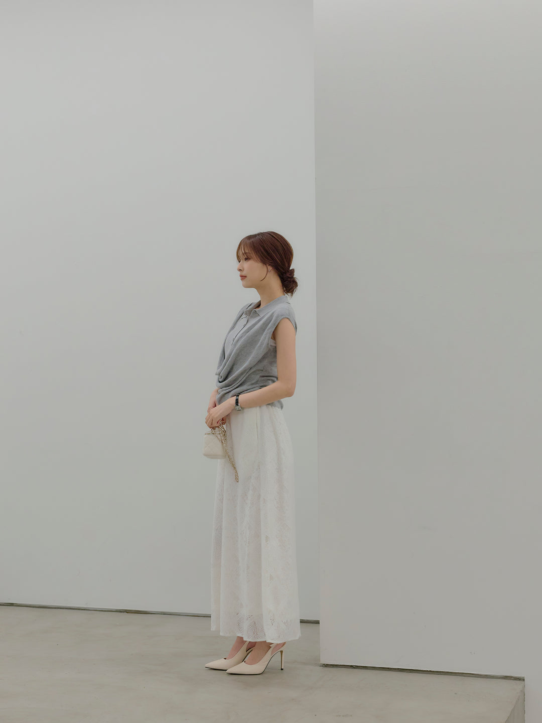 ドレープレイヤードデザイン襟付きノースリーブニットトップス