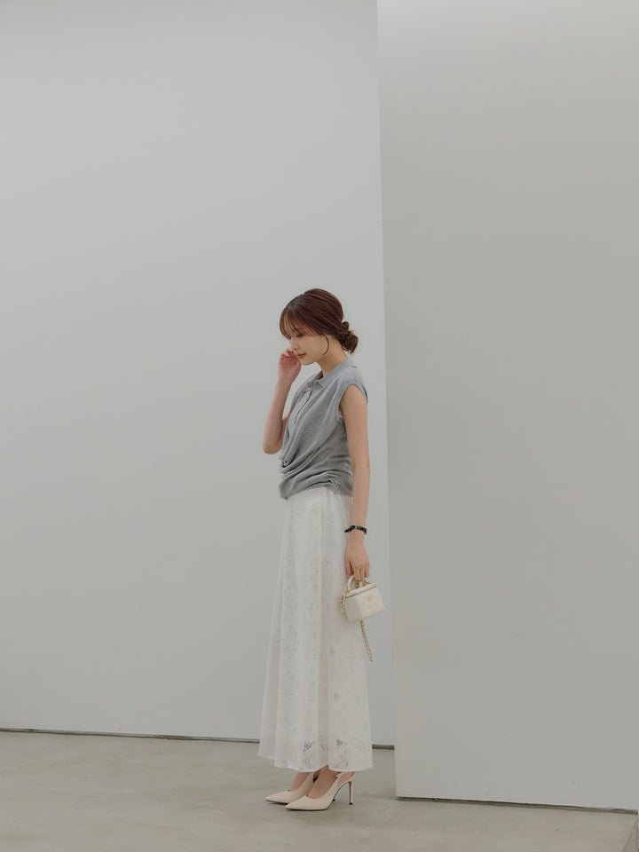 ドレープレイヤードデザイン襟付きノースリーブニットトップス