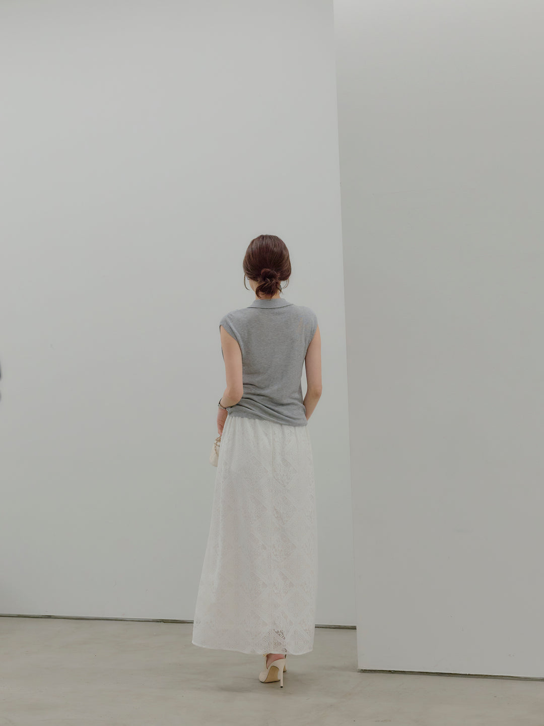 ドレープレイヤードデザイン襟付きノースリーブニットトップス