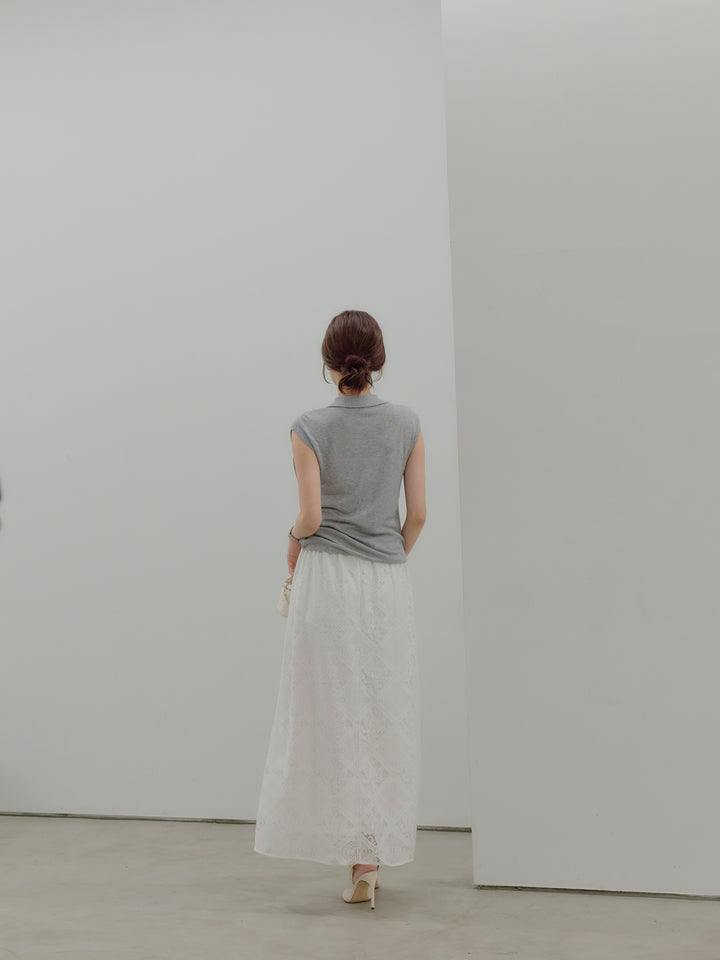 ドレープレイヤードデザイン襟付きノースリーブニットトップス