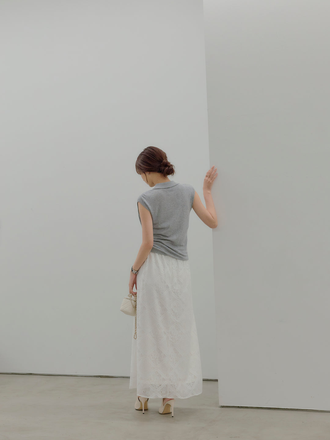 ドレープレイヤードデザイン襟付きノースリーブニットトップス