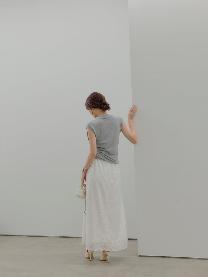 ドレープレイヤードデザイン襟付きノースリーブニットトップス