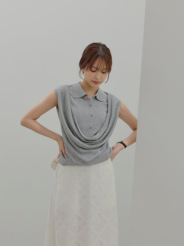 ドレープレイヤードデザイン襟付きノースリーブニットトップス