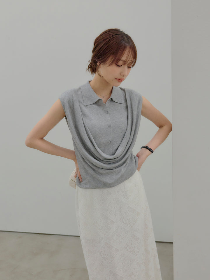 ドレープレイヤードデザイン襟付きノースリーブニットトップス