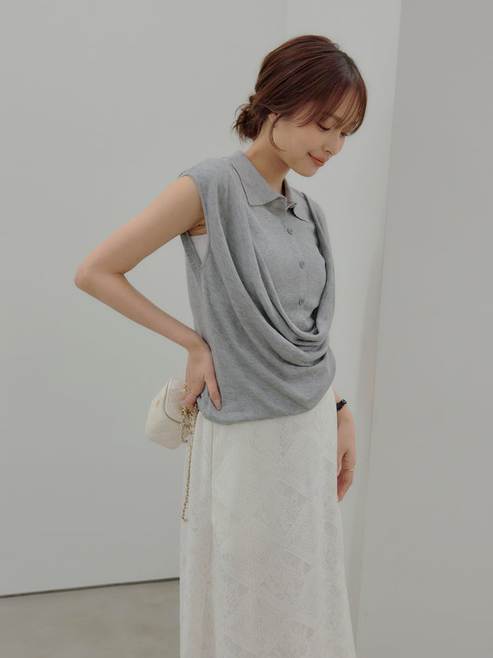 ドレープレイヤードデザイン襟付きノースリーブニットトップス