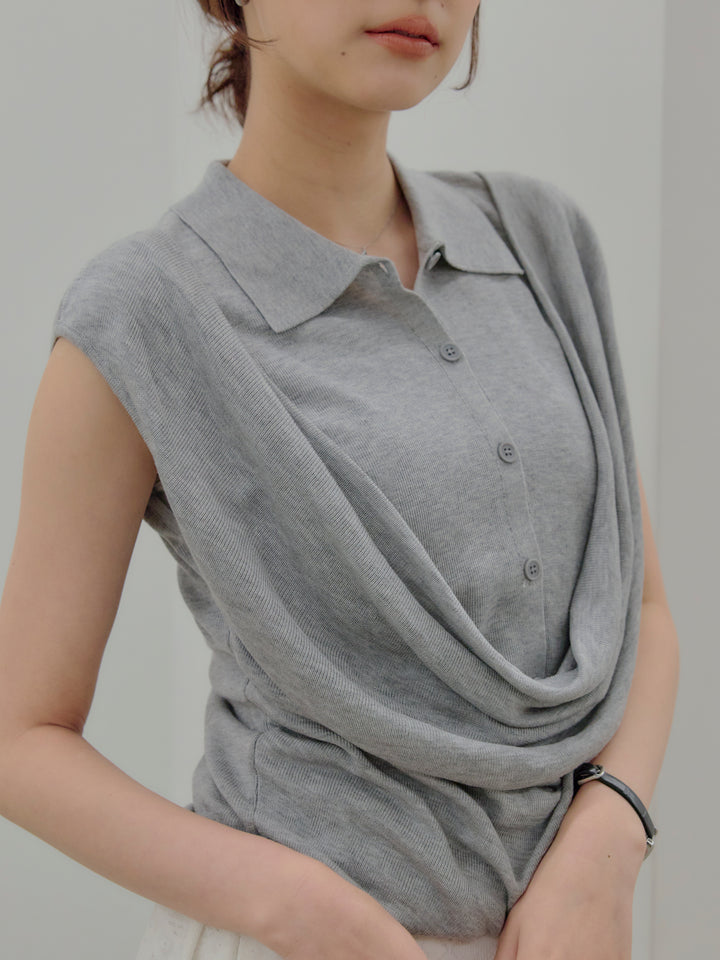 ドレープレイヤードデザイン襟付きノースリーブニットトップス