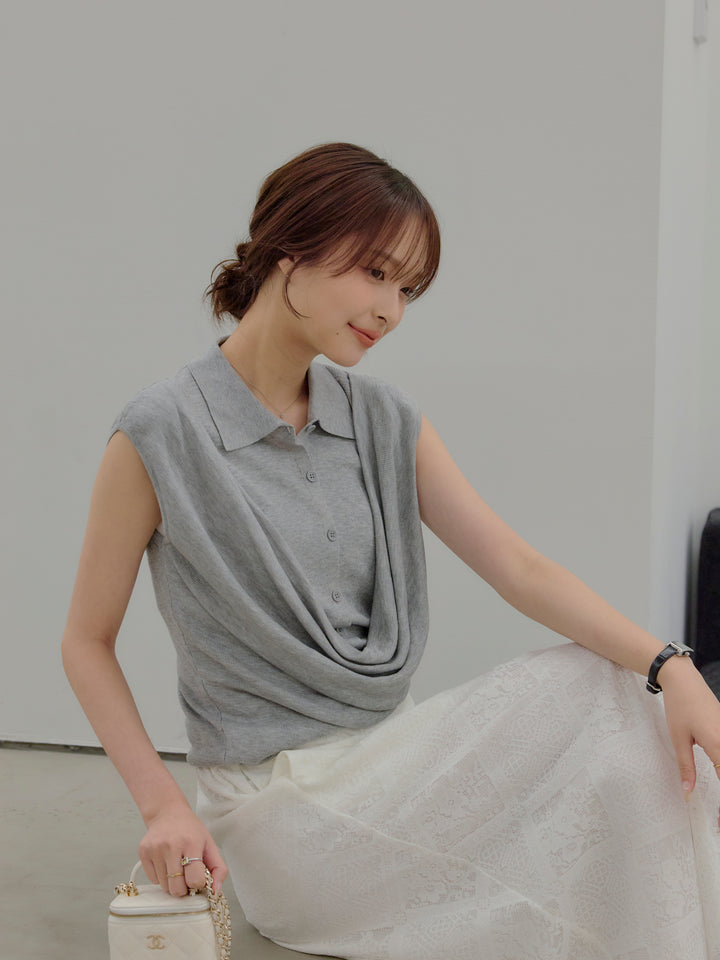 ドレープレイヤードデザイン襟付きノースリーブニットトップス