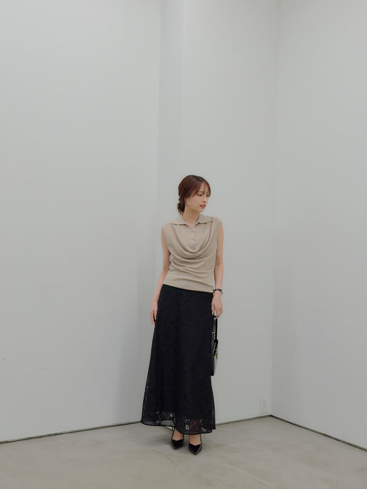 ドレープレイヤードデザイン襟付きノースリーブニットトップス