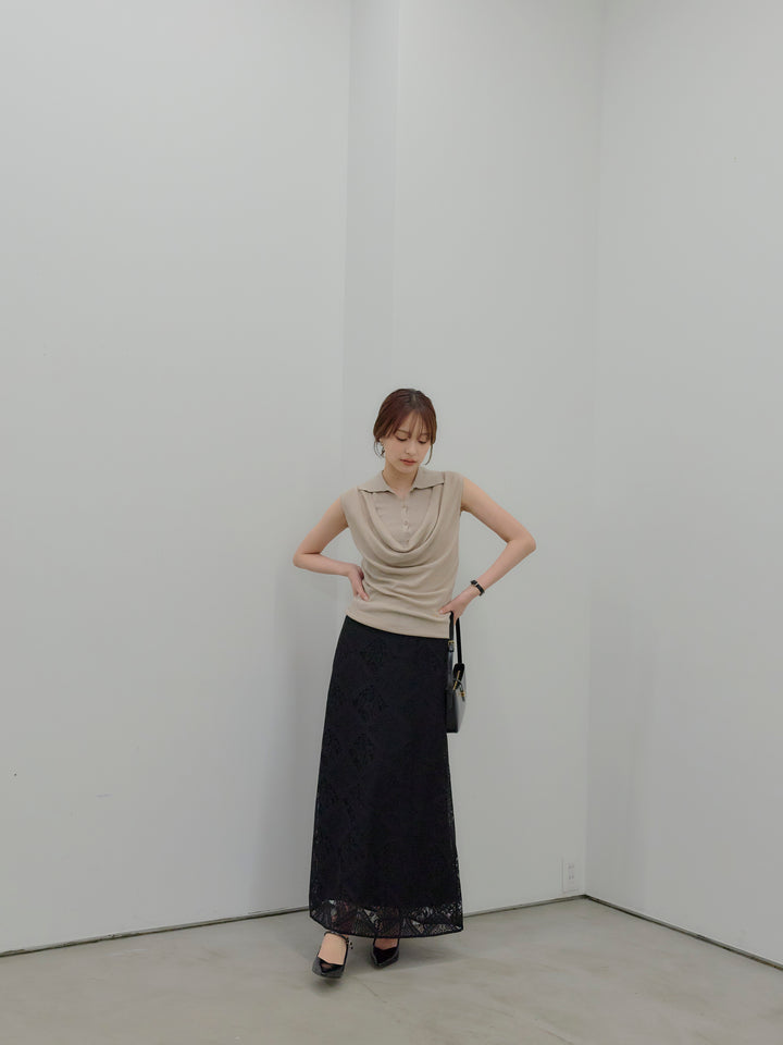 ドレープレイヤードデザイン襟付きノースリーブニットトップス