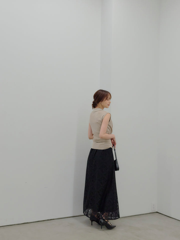 ドレープレイヤードデザイン襟付きノースリーブニットトップス